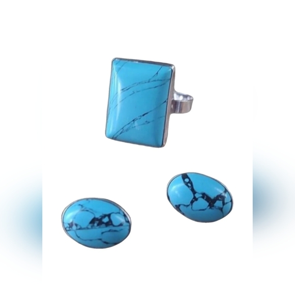 Turquoise Sterling Silver Mod Ring AND Dangle Earrings Size 8-8.5 Ring - Picture 2 of 15